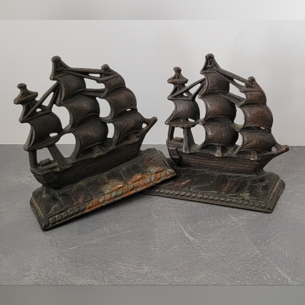 Vintage Pair Cast Iron Constitution Ship Bookends